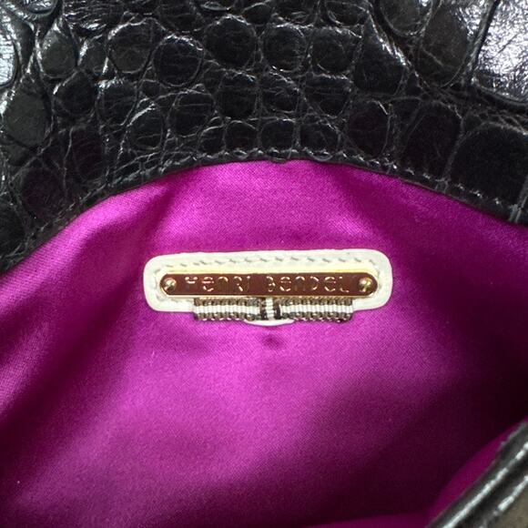 Henri Bendel Debutante Clutch Wristlet Black Crocodile Gold Chain Purple Lining